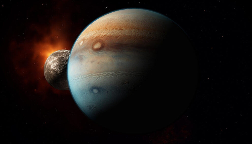 Rocket orbits planet in deep space, impacting alien star sphere generated by artificial intelligence